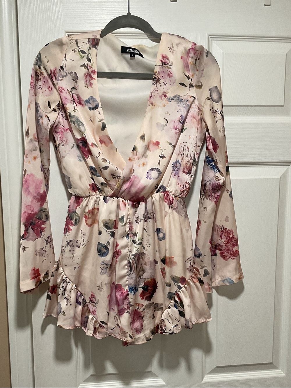 Missguided Cream Floral Wrap-Front Long-Sleeve Romper